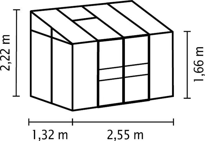 Rektangulärt trädgårdsskjul med lutande tak, dubbeldörr och vertikal paneldesign. Mått: 2,55 m brett, 1,32 m djupt, 2,22 m högt i topp, 1,66 m vid sidorna.