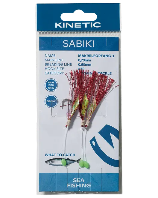 Kinetic Sabiki havfiskeri-pakke med tre selvlysende fjerkroge, ægte fiskeskind og mål for makrel.