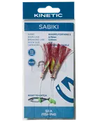 Kinetic Sabiki havfiskeri-pakke med tre selvlysende fjerkroge, ægte fiskeskind og mål for makrel.