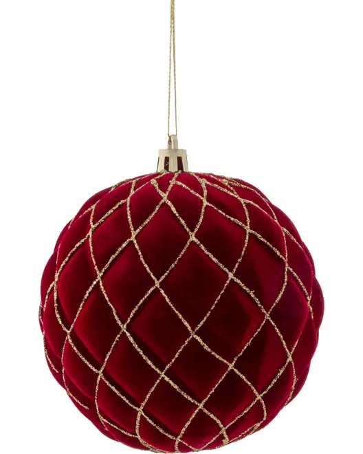 Rød fløjl juletræskugle med guldfarvet glimmernet, guldfarvet top og ophængssnor. Elegant og blød tekstur, ideel til juletræspynt.
