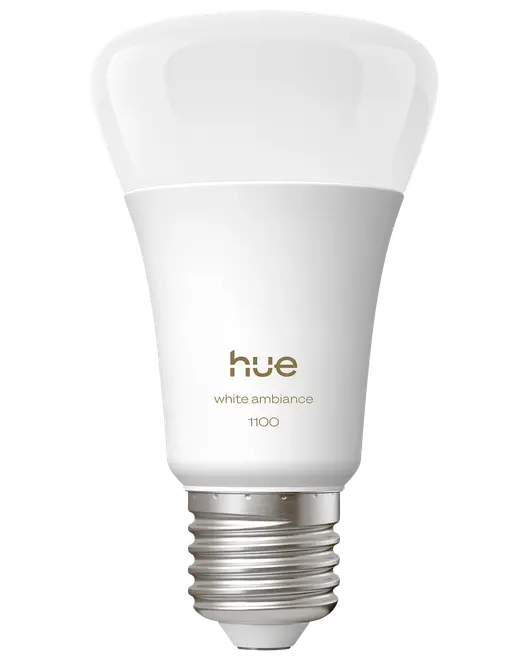 Philips Hue White Ambiance smart LED-pære, E26 fatning, 1100 lumen, justerbart hvidt lys, elegant hvidt design, kompatibel med smart home-systemer, energibesparende.