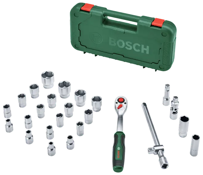 Bosch topnøglesæt med forskellige toppe, skraldenøgle, forlængerstang og grøn plastkuffert med røde låse. Robust kromfinish, velegnet til bil- og mekanikarbejde.