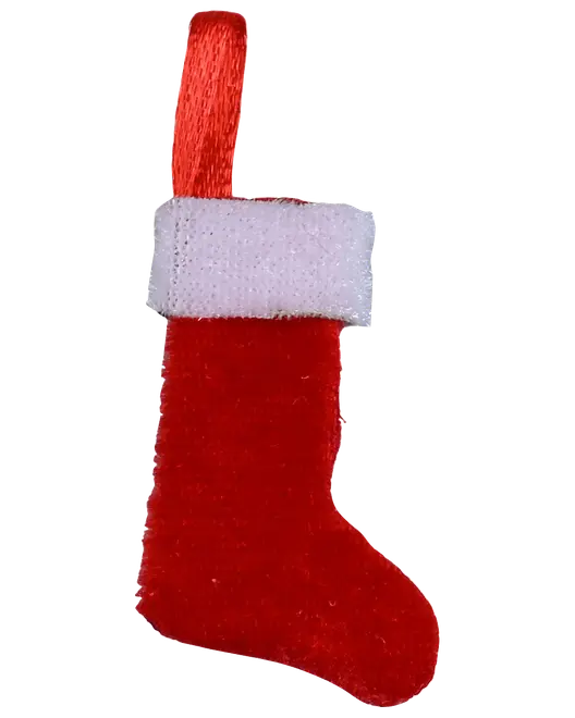 Lille rød julestrømpe ornament med hvidt, blødt kant og rød hængestrop, lavet af blødt stof. Perfekt til juledekoration eller som festlig gaveaccessory.