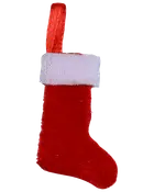 Lille rød julestrømpe ornament med hvidt, blødt kant og rød hængestrop, lavet af blødt stof. Perfekt til juledekoration eller som festlig gaveaccessory.