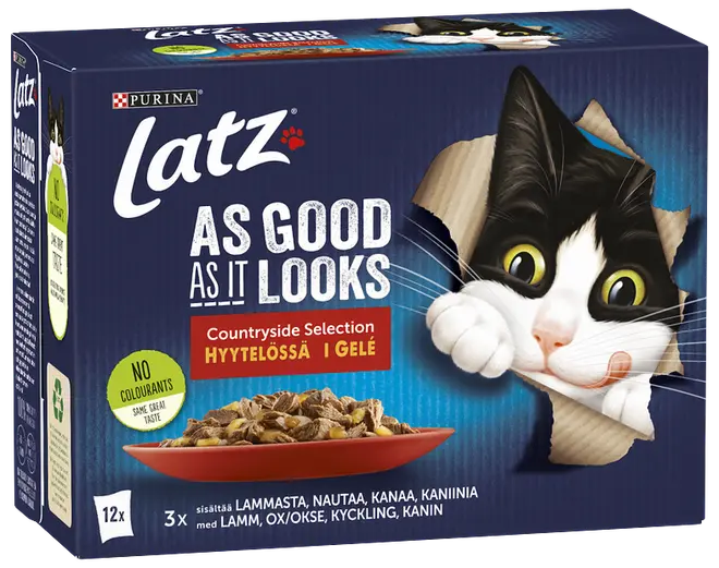 Latz kattmat, Countryside Selection i gelé, 12-pack. Blå förpackning med svartvit katt, röd matskål, utan tillsatta färgämnen.
