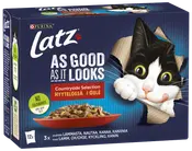 Latz kattmat, Countryside Selection i gelé, 12-pack. Blå förpackning med svartvit katt, röd matskål, utan tillsatta färgämnen.