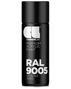 400ml spraydåse med Cosmoslac premium akrylmaling, RAL 9005 jet sort. Mat sort finish, egnet til forskellige overflader. Nem dyse, sort emballage med hvid tekst.