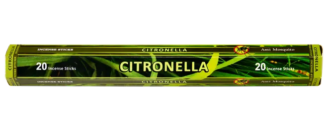 Citronella røgelsespinde pakke, indeholder 20 pinde. Grøn emballage med citronella plantebillede, mærket som anti-myg. Velegnet til at afvise insekter og skabe frisk duft.
