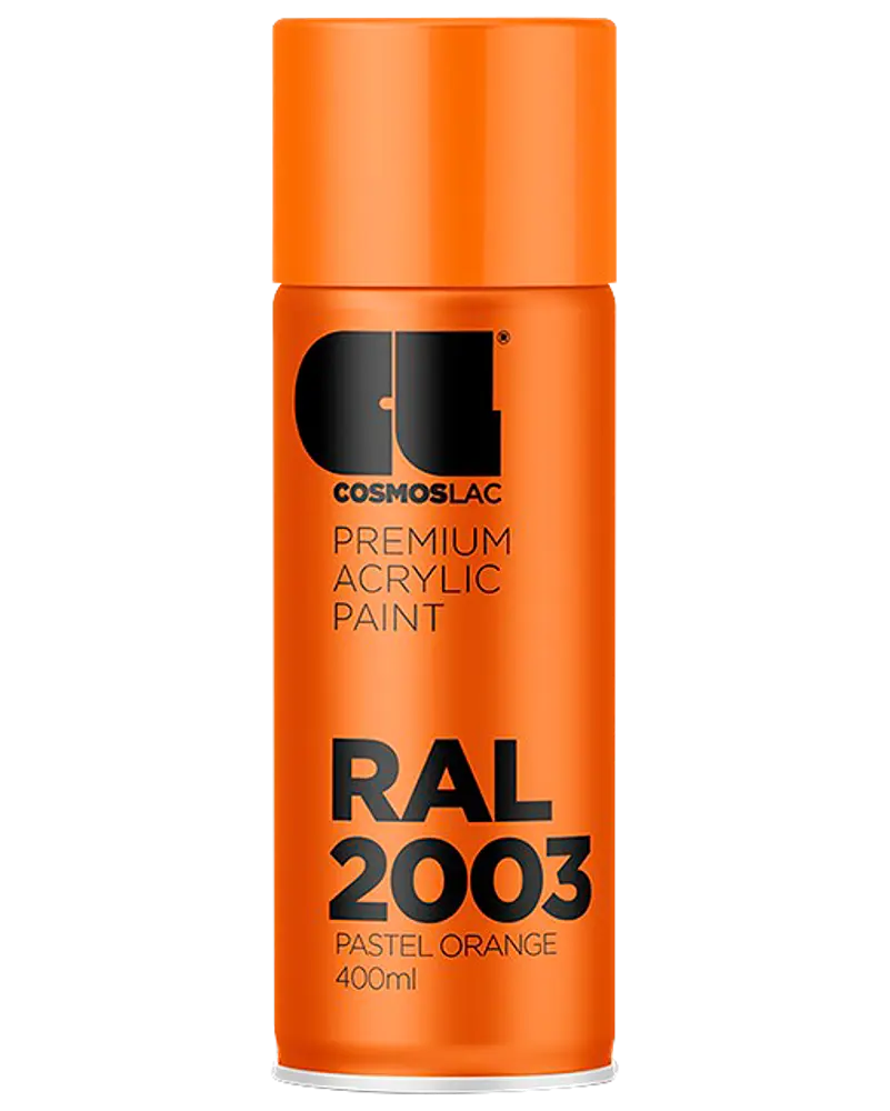 400 ml spraydåse med Cosmoslac premium akrylmaling i RAL 2003 pastel orange. Dåsen har orange låg og etiket med tydelig sort tekst for nem genkendelse.