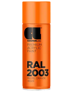 400 ml spraydåse med Cosmoslac premium akrylmaling i RAL 2003 pastel orange. Dåsen har orange låg og etiket med tydelig sort tekst for nem genkendelse.