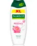 Palmolive Milks XL duschkräm, mjuk piondoft, 95% naturligt ursprung, återfuktad hudkänsla. Vit flaska med grön kork, rosa pionblomma på framsidan.