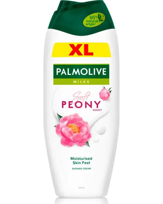 Palmolive Milks XL duschkräm, mjuk piondoft, 95% naturligt ursprung, återfuktad hudkänsla. Vit flaska med grön kork, rosa pionblomma på framsidan.