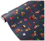 The image shows a roll of wrapping paper with a festive Christmas design. The background is dark blue and features a repeating pattern of teddy bears wearing Santa hats and scarves, Christmas trees, wrapped gifts in various colors, red bows, stockings filled with presents, holly sprigs, and snowflakes. The overall look is playful and colorful, suitable for holiday gift wrapping.