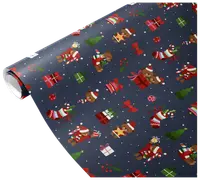 The image shows a roll of wrapping paper with a festive Christmas design. The background is dark blue and features a repeating pattern of teddy bears wearing Santa hats and scarves, Christmas trees, wrapped gifts in various colors, red bows, stockings filled with presents, holly sprigs, and snowflakes. The overall look is playful and colorful, suitable for holiday gift wrapping.