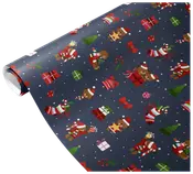The image shows a roll of wrapping paper with a festive Christmas design. The background is dark blue and features a repeating pattern of teddy bears wearing Santa hats and scarves, Christmas trees, wrapped gifts in various colors, red bows, stockings filled with presents, holly sprigs, and snowflakes. The overall look is playful and colorful, suitable for holiday gift wrapping.