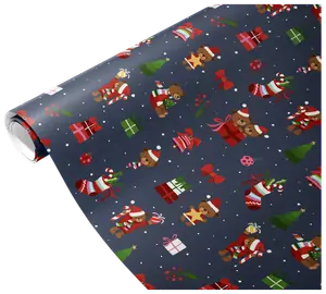 The image shows a roll of wrapping paper with a festive Christmas design. The background is dark blue and features a repeating pattern of teddy bears wearing Santa hats and scarves, Christmas trees, wrapped gifts in various colors, red bows, stockings filled with presents, holly sprigs, and snowflakes. The overall look is playful and colorful, suitable for holiday gift wrapping.