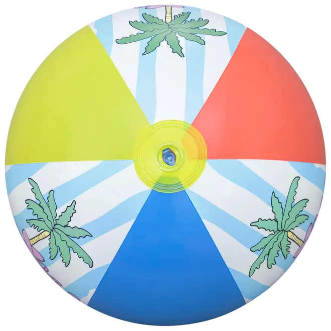 Oppustelig strandbold med gule, røde og blå felter, hvide og blå striber samt palmetegninger. Har en central luftventil. Velegnet til pool eller strand.