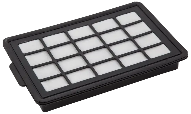 Rektangulært HEPA-filter med sort plastikramme og hvide gittersektioner, designet til støvsugere eller luftrensere for at fange støv og allergener.
