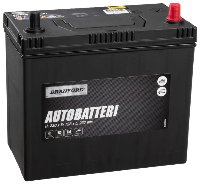 Sort Branford autobatteri med markerede poler, mål 220 x 128 x 237 mm, egnet til biler og varevogne. Robust plastkabinet og tydelig produktmærkning foran.