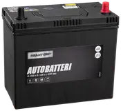 Sort Branford autobatteri med markerede poler, mål 220 x 128 x 237 mm, egnet til biler og varevogne. Robust plastkabinet og tydelig produktmærkning foran.