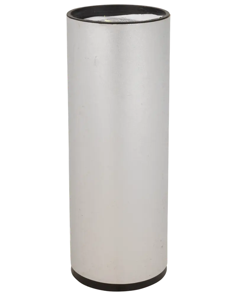 Cylindrisk metal luftfilter med glat sølvfarvet ydre, åben i begge ender. Velegnet til HVAC- eller industribrug for effektiv luftfiltrering i ventilationssystemer.