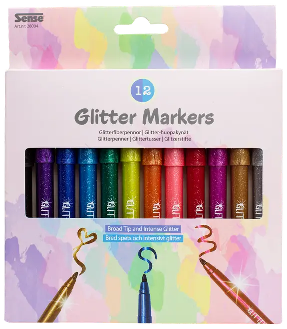 Sæt med 12 glimmermarkører i forskellige farver, bred spids for intens glimmereffekt. Leveres i farverig æske med vindue, der viser tuscherne. Velegnet til kreative projekter.