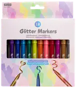 Set med 12 glitterpennor i olika färger, bred spets för intensiv glittereffekt. Förpackade i färgglad ask med fönster som visar pennorna. Passar kreativa projekt.