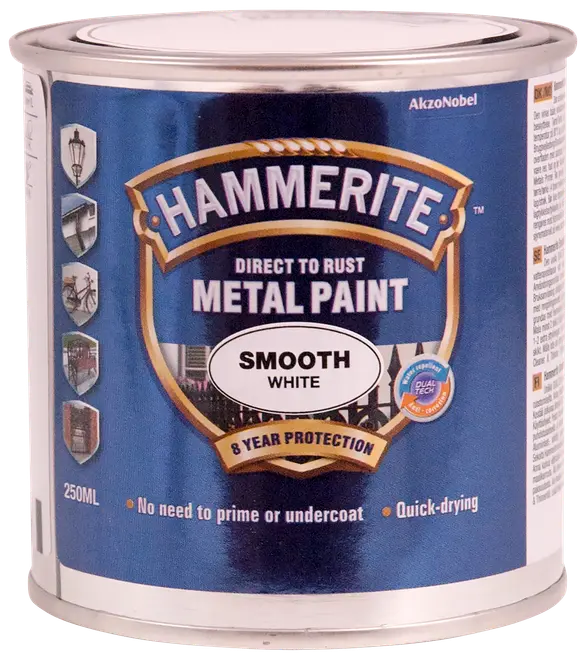 Hammerite Glat Hvid Metal Maling, 250 ml dåse. Påføres direkte på rust, ingen primer nødvendig, hurtigtørrende, 8 års beskyttelse. Til metaloverflader, glat hvid finish.