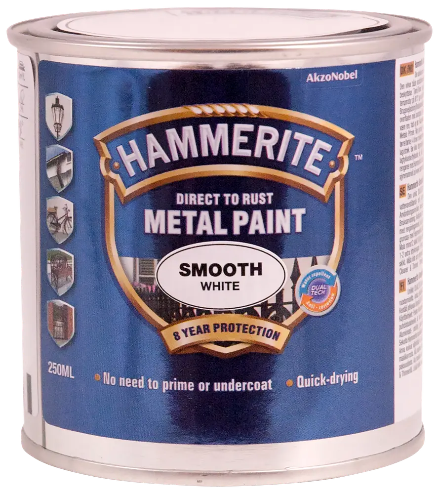Hammerite Glat Hvid Metal Maling, 250 ml dåse. Påføres direkte på rust, ingen primer nødvendig, hurtigtørrende, 8 års beskyttelse. Til metaloverflader, glat hvid finish.