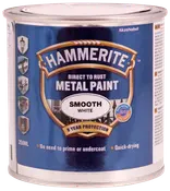 Hammerite Glat Hvid Metal Maling, 250 ml dåse. Påføres direkte på rust, ingen primer nødvendig, hurtigtørrende, 8 års beskyttelse. Til metaloverflader, glat hvid finish.