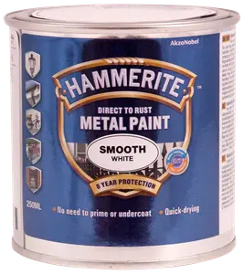 Hammerite Glat Hvid Metal Maling, 250 ml dåse. Påføres direkte på rust, ingen primer nødvendig, hurtigtørrende, 8 års beskyttelse. Til metaloverflader, glat hvid finish.