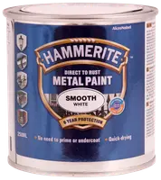 Hammerite Direkte på Rust Metal maling spraydåse, glat hvid finish, 8 års beskyttelse, ingen grund til grunder, hurtigtørrende, egnet til metaloverflader, blå og hvid emballage.