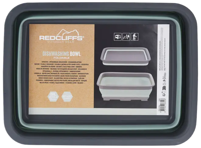 Rektangulär hopfällbar diskbalja i grått med grön kant, tillverkad av slitstark plast. 8 liters kapacitet, lätt att förvara, perfekt för camping.