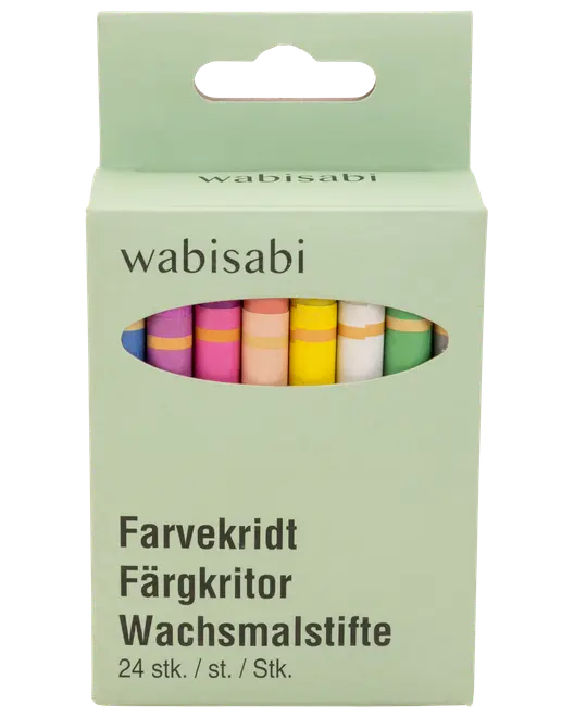 Æske med 24 farvede voksfarver, synlige gennem et vindue. Pastelgrøn emballage med mærket 'wabisabi' og produktinformation på flere sprog foran.