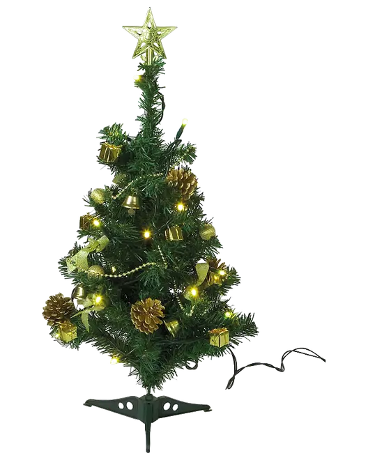Liten konstgjord julgran med guldfärgade dekorationer, kottar, gula LED-lampor och guldfärgad stjärna. Levereras med grön fot och strömkabel.