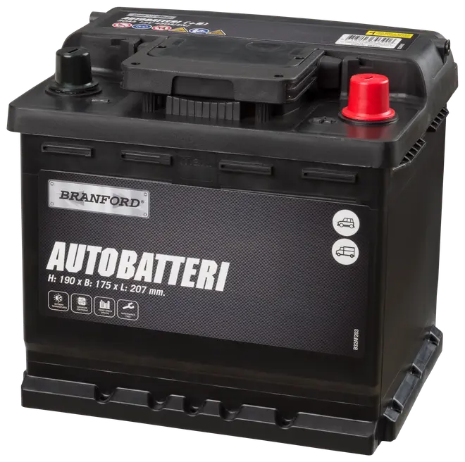Branford bilbatteri, sort rektangulært design, mærket AUTOBATTERI. Mål: 190 x 175 x 207 mm. To poler, egnet til biler og varevogne, vedligeholdelsesikoner vises.