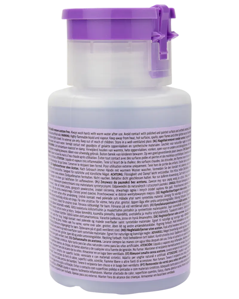 Plastflaske med neglelakfjerner og lilla pumpedispenser, med detaljeret produktinformation og brugsanvisning trykt på bagetiketten på flere sprog.