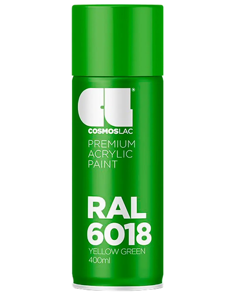 400 ml spraydåse med Cosmoslac premium akrylmaling, RAL 6018 gulgrøn farve, grøn låg og hvid etikettekst.