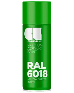 400 ml spraydåse med Cosmoslac premium akrylmaling, RAL 6018 gulgrøn farve, grøn låg og hvid etikettekst.