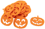 Förpackning med orange filtutskurna pumpor med hjärtformade ögon och leende ansikten. Perfekta för Halloween-pyssel, dekorationer eller festtillbehör. Lätta och enkla att använda.