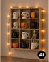Træhylde med små rum, pyntet med Halloween-krus, græskar, et skelet og varm orange lyskæde. - Billedet er skabt med AI