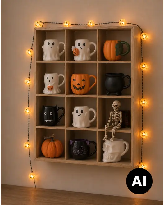 Træhylde med små rum, pyntet med Halloween-krus, græskar, et skelet og varm orange lyskæde. - Billedet er skabt med AI