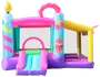 Farverigt oppusteligt hoppeborg med rutsjebane, net-sider og sjove kage- og ballonmotiver. Har donut-bue og lysdetalje, ideel til børnefester og udendørs leg.