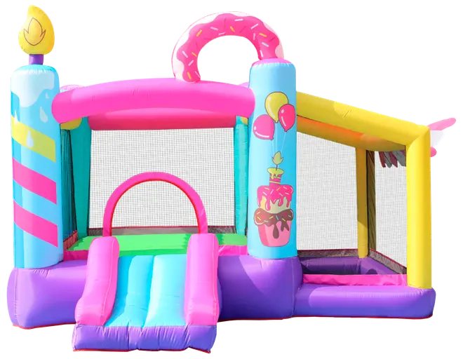 Farverigt oppusteligt hoppeborg med rutsjebane, net-sider og sjove kage- og ballonmotiver. Har donut-bue og lysdetalje, ideel til børnefester og udendørs leg.