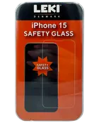 LEKI sikkerhedsglas til iPhone 15, gennemsigtigt og holdbart, beskytter skærmen mod ridser og stød. Leveres i en mærket detailæske.
