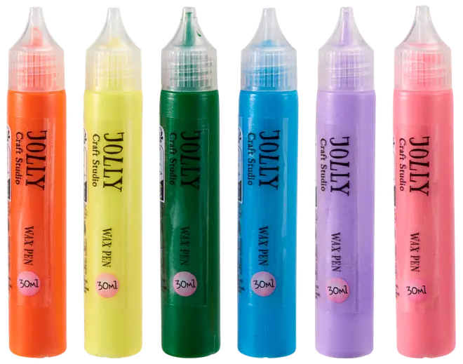 Sæt med seks Jolly voks-penne, 30 ml hver, i orange, gul, grøn, blå, lilla og pink. Gennemsigtige hætter, cylinderformet, mærket til hobbybrug.