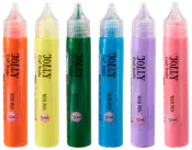 Sæt med seks Jolly voks-penne, 30 ml hver, i orange, gul, grøn, blå, lilla og pink. Gennemsigtige hætter, cylinderformet, mærket til hobbybrug.