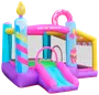 Farverigt oppusteligt hoppeborg med rutsjebane, donut- og lysdekorationer, net-sider for sikkerhed og sjove dessertmotiver. Perfekt til børnefødselsdage og udendørs leg.