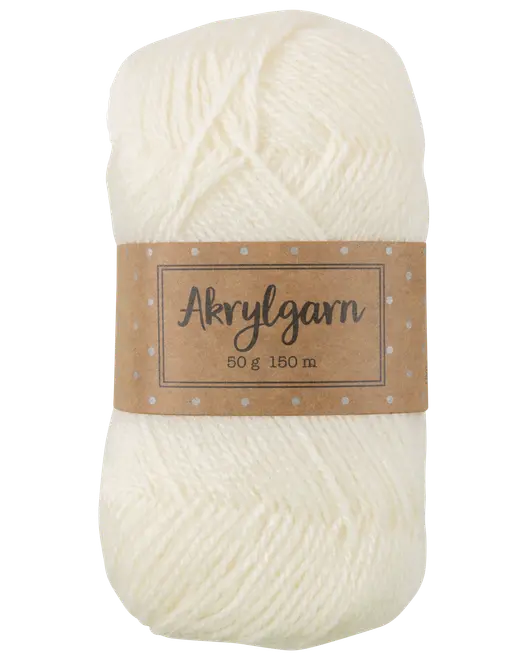 Nystan vitt akrylgarn, 50 gram, 150 meter. Omslutet av brun pappersetikett med prickar och produktinformation. Mjuk textur, passar för stickning eller virkning.