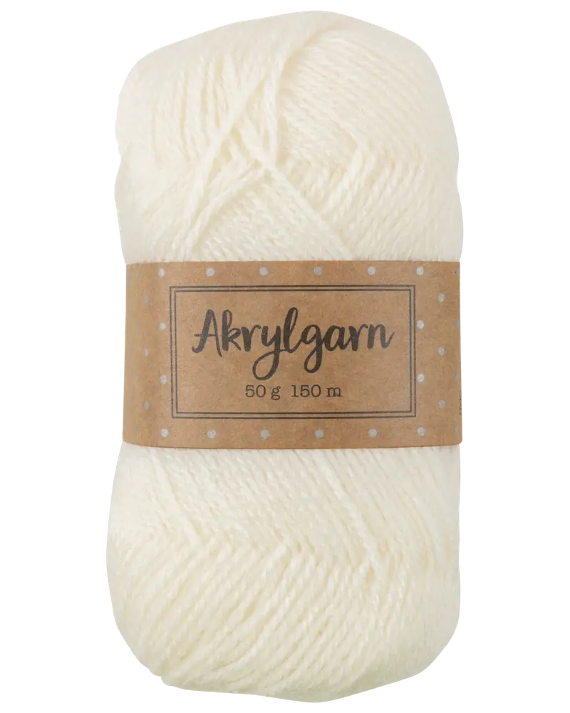 Nystan vitt akrylgarn, 50 gram, 150 meter. Omslutet av brun pappersetikett med prickar och produktinformation. Mjuk textur, passar för stickning eller virkning.